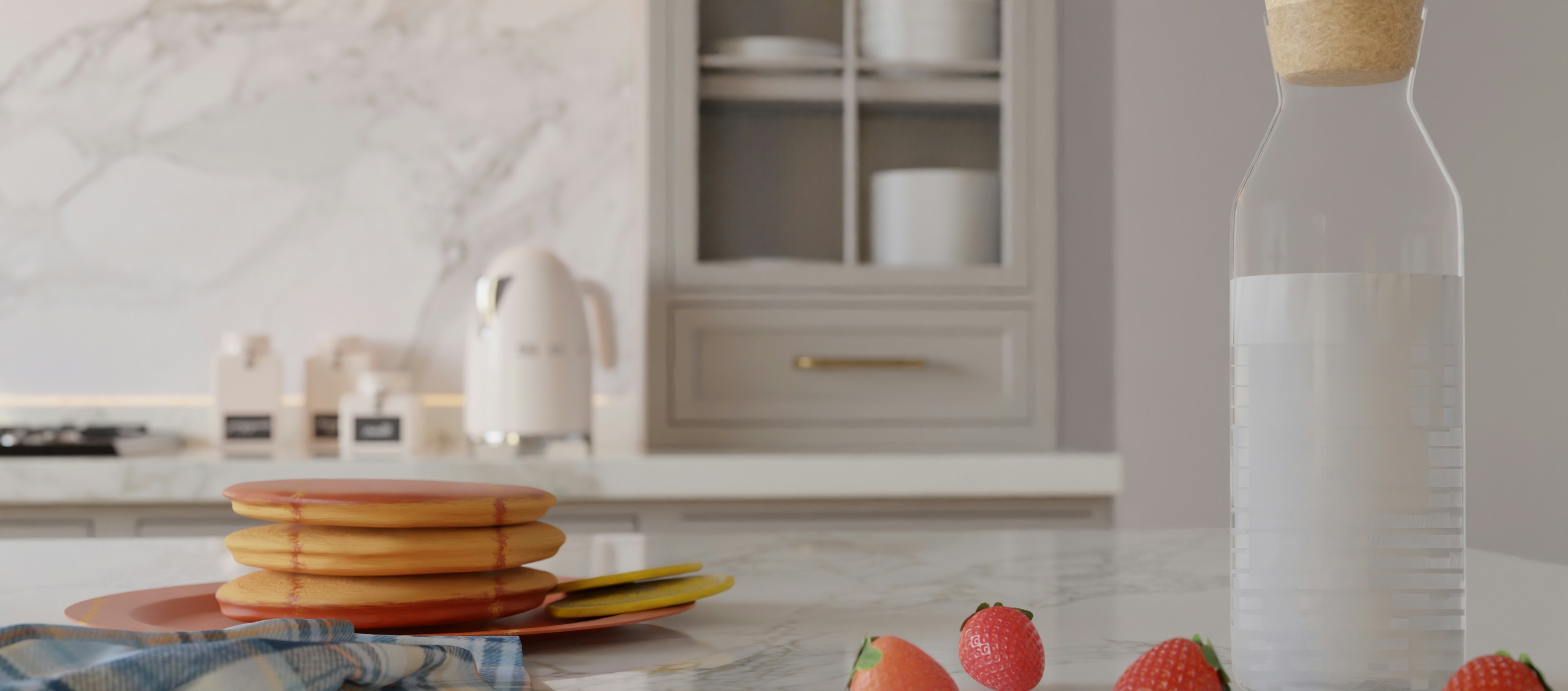 A stylish white and grey marble cutting board sitting on a modern kitchen counter, used for serving cheese and fruit.