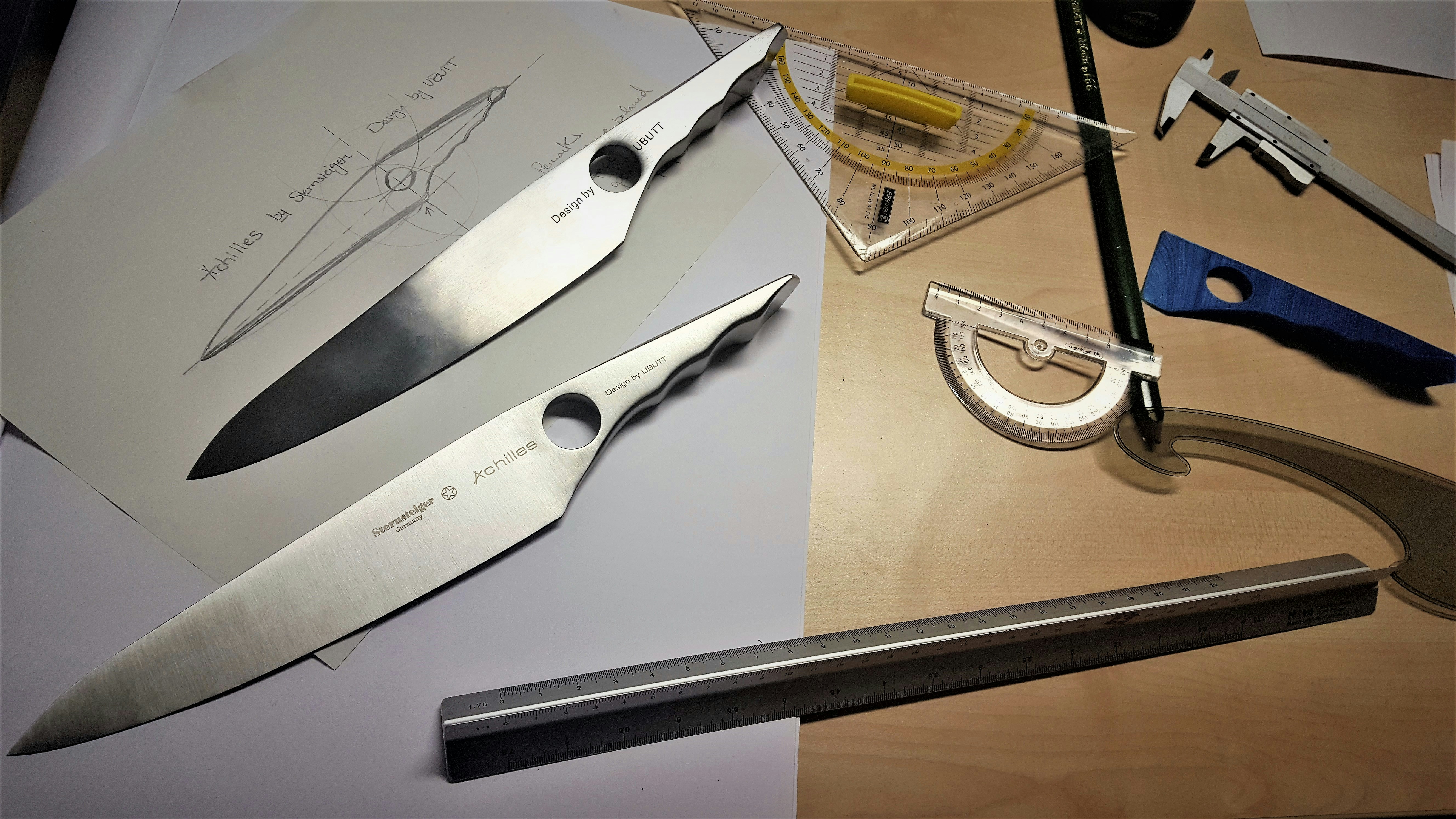 A diagram showing a knife edge interacting with wood, glass, and stainless steel surfaces.