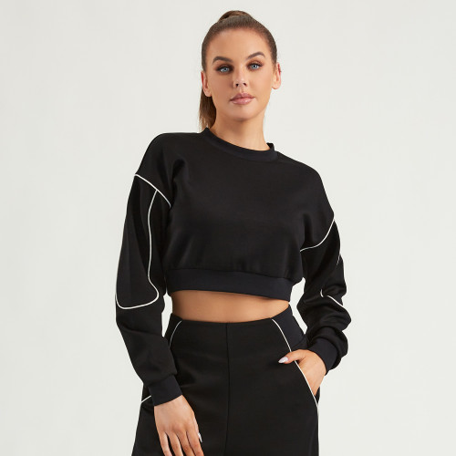 Women Black Crop Sweatshirts | Clolor-block Pullover Tops | Retail