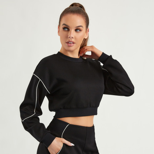 Women Black Crop Sweatshirts | Clolor-block Pullover Tops | Retail