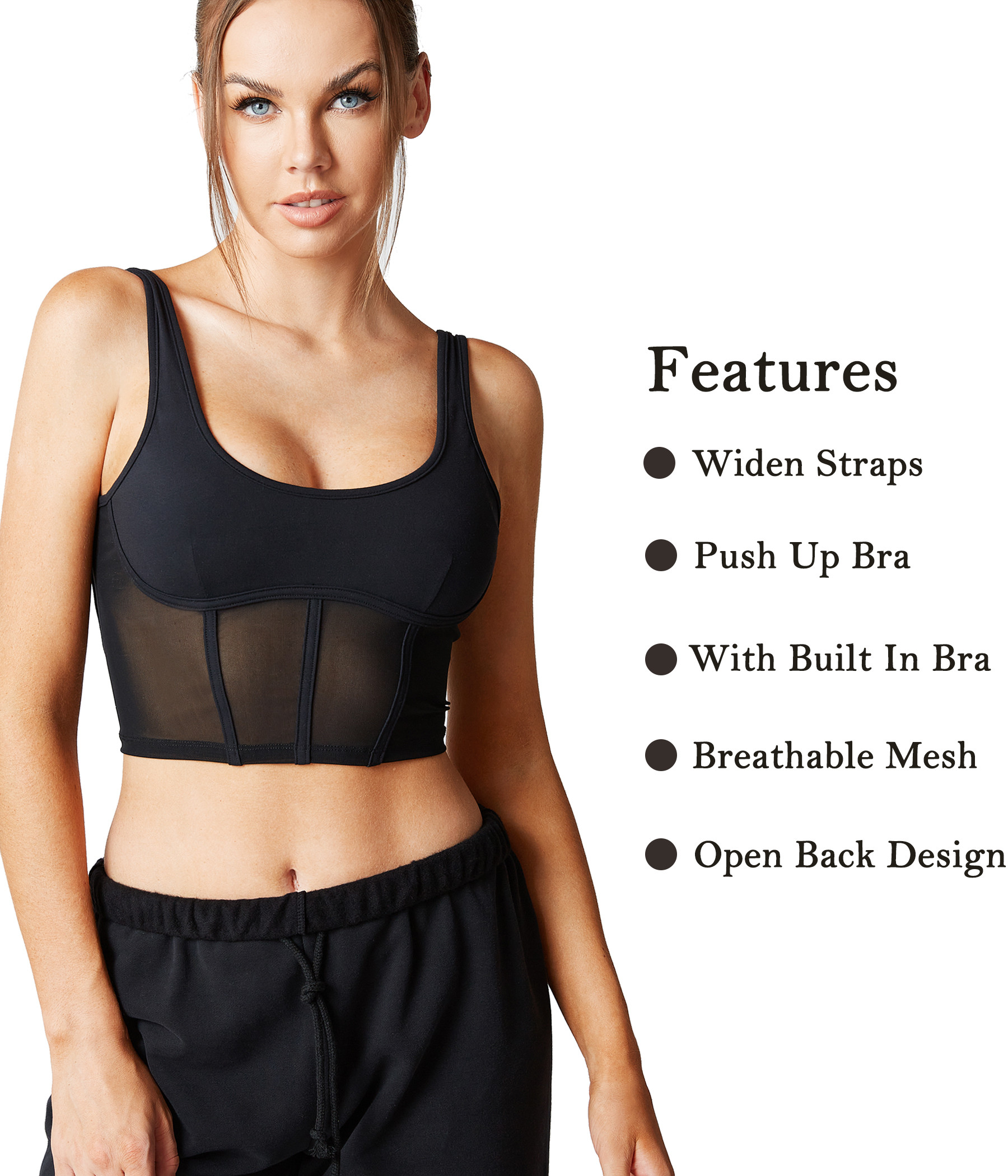Black longline mesh sports bra with wide straps and mesh panels