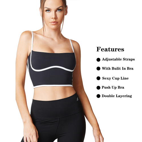 Women Black and White Sports Bras | Contrast-Trim Low Support Yoga Tops | Best Seller