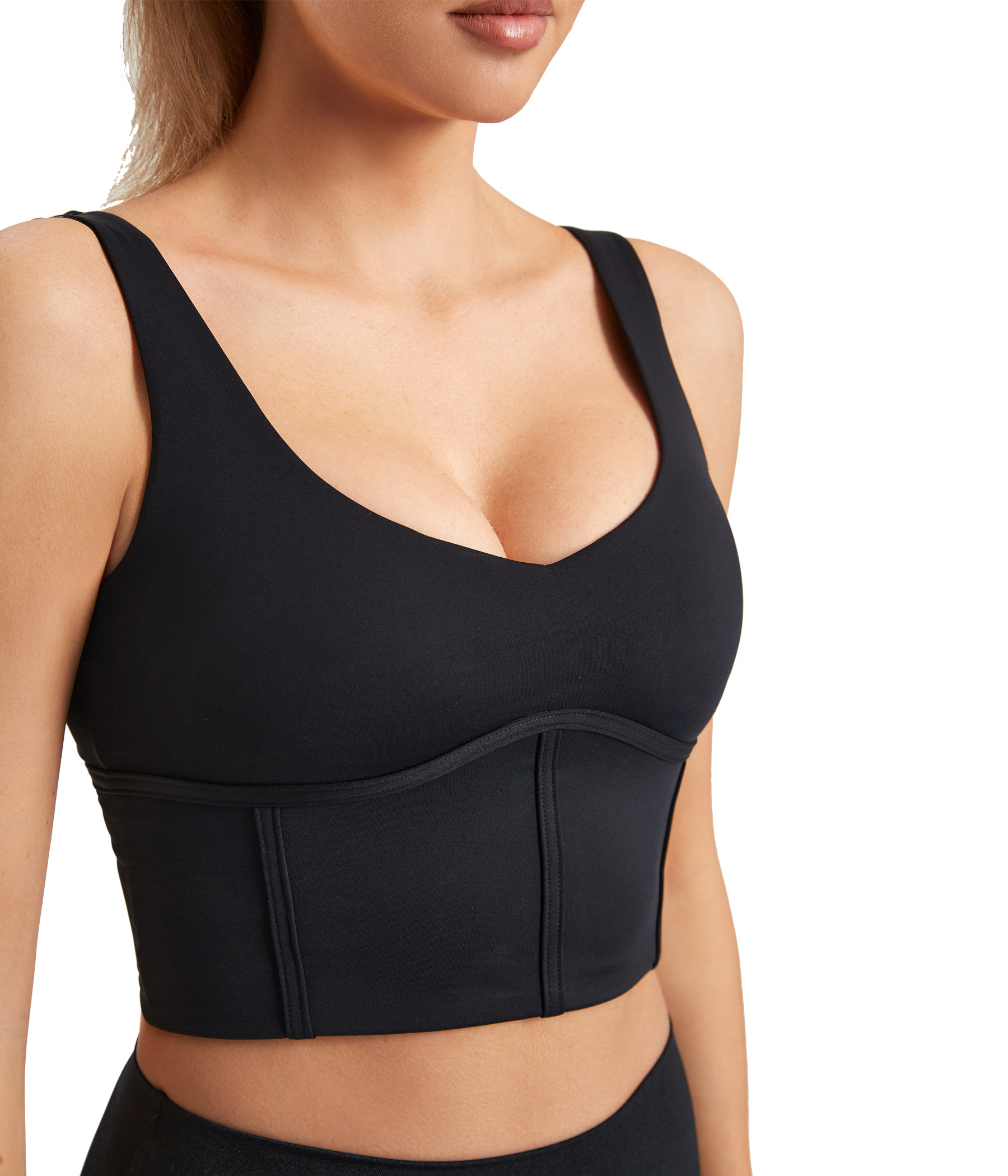 Close-up of black sculpted support sports bra