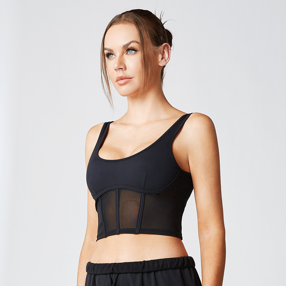 Black mesh panel sports bra with corset design