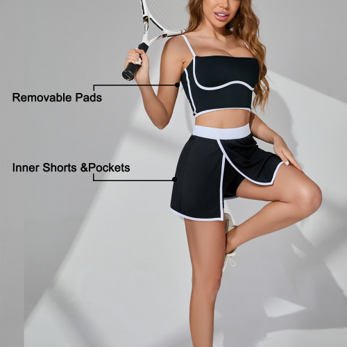 Scoop Neck Sports Bra & Tennis Skirt Black  | Sets