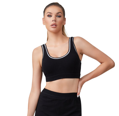 Womens Tennis Ribbed Color Block Cotton Sports Bra Workout Fitness Square Neck Built-in Pads Waistband Bras Top | Retail