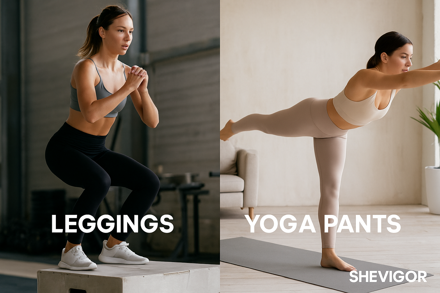 Side-by-side comparison of a woman wearing leggings for high-impact training and another in yoga pants for gentle flow yoga.