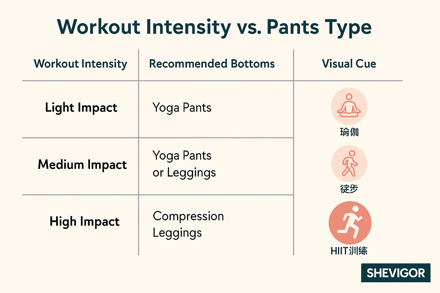 Workout intensity pyramid showing recommended activewear types for light, medium, and high-impact exercise