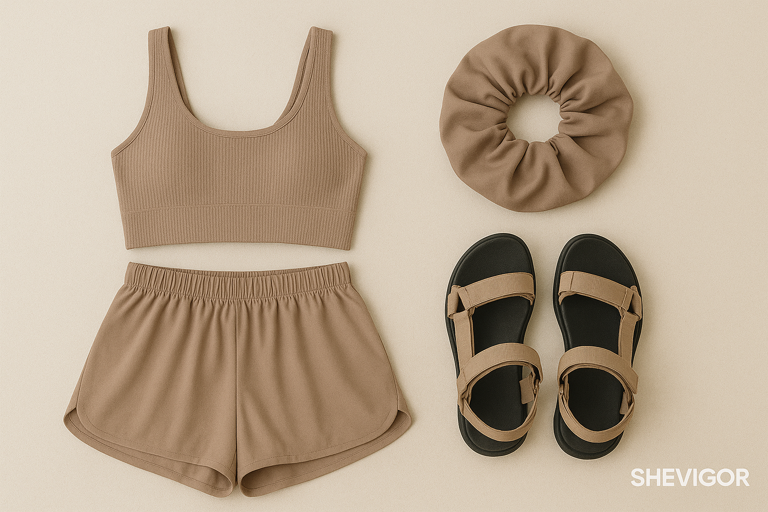 Flat lay of pastel-colored activewear outfit styled for summer streetwear