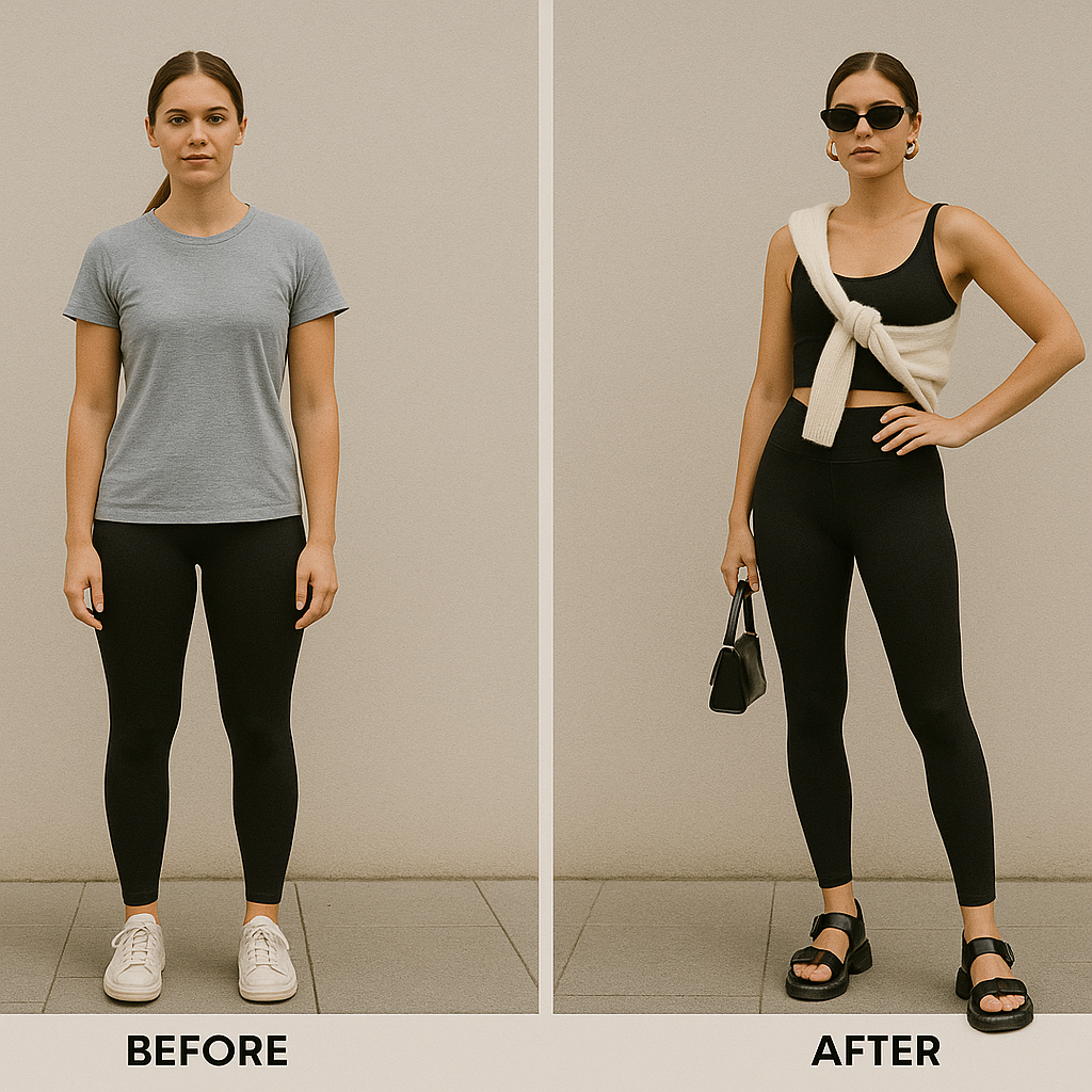 Visual comparison of black leggings styled casually and dressed up for a polished look