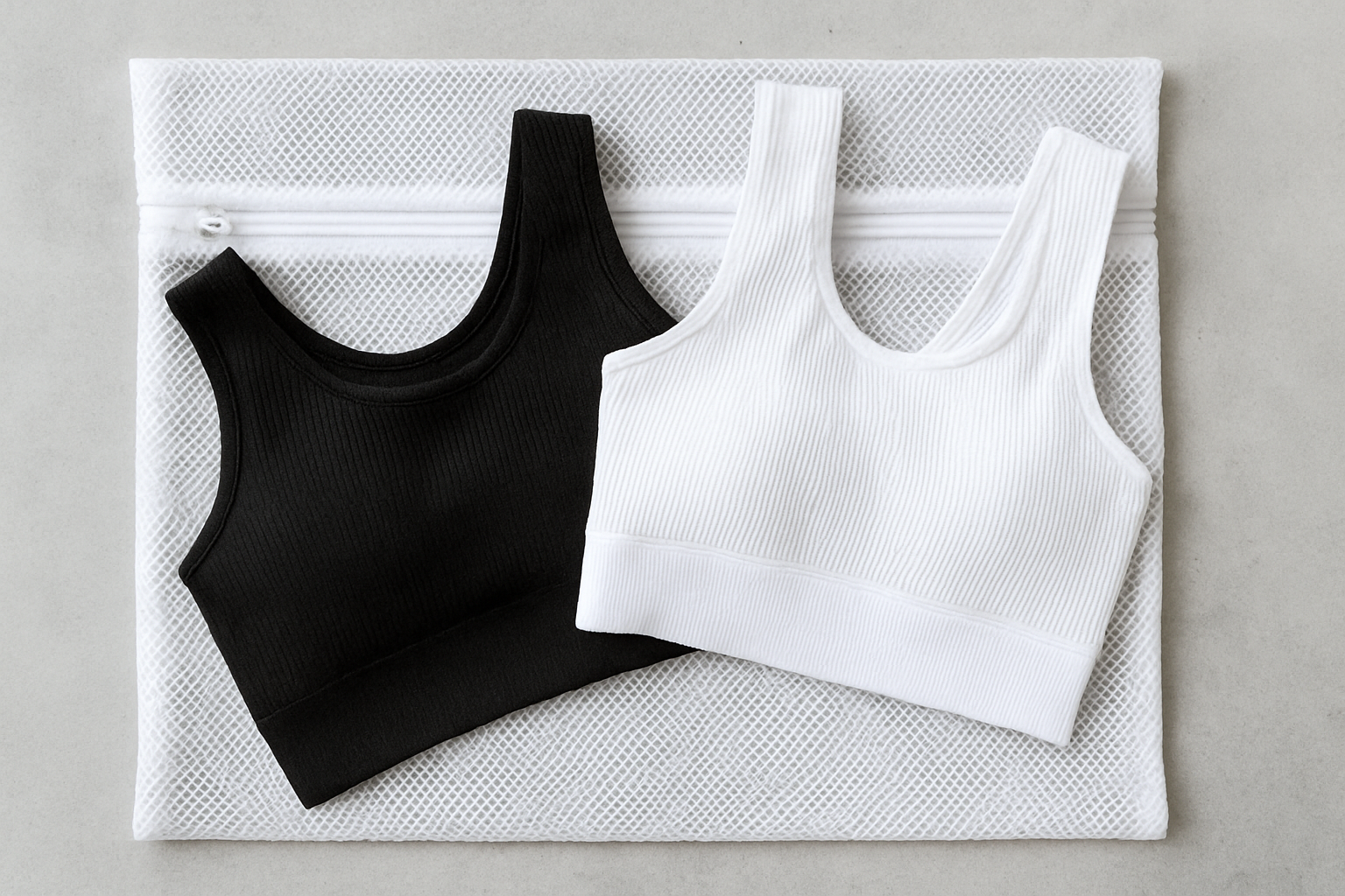 Seamless black and white sports bras laid on a mesh laundry bag for washing