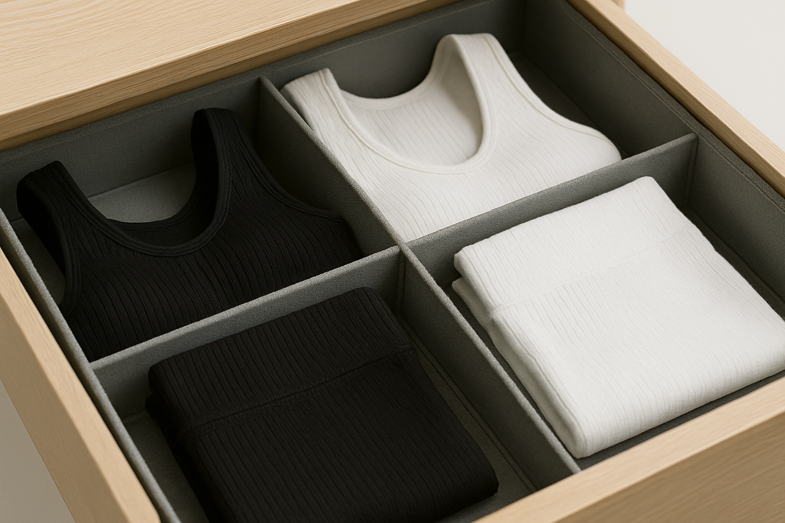 Neatly folded black and white seamless activewear in drawer organizer