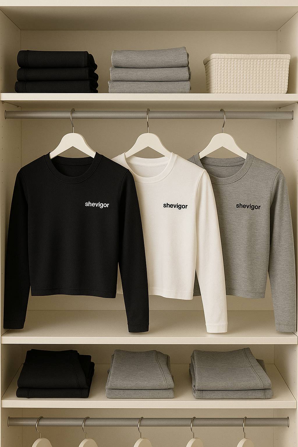 Organized monochrome activewear wardrobe featuring Shevigor branding