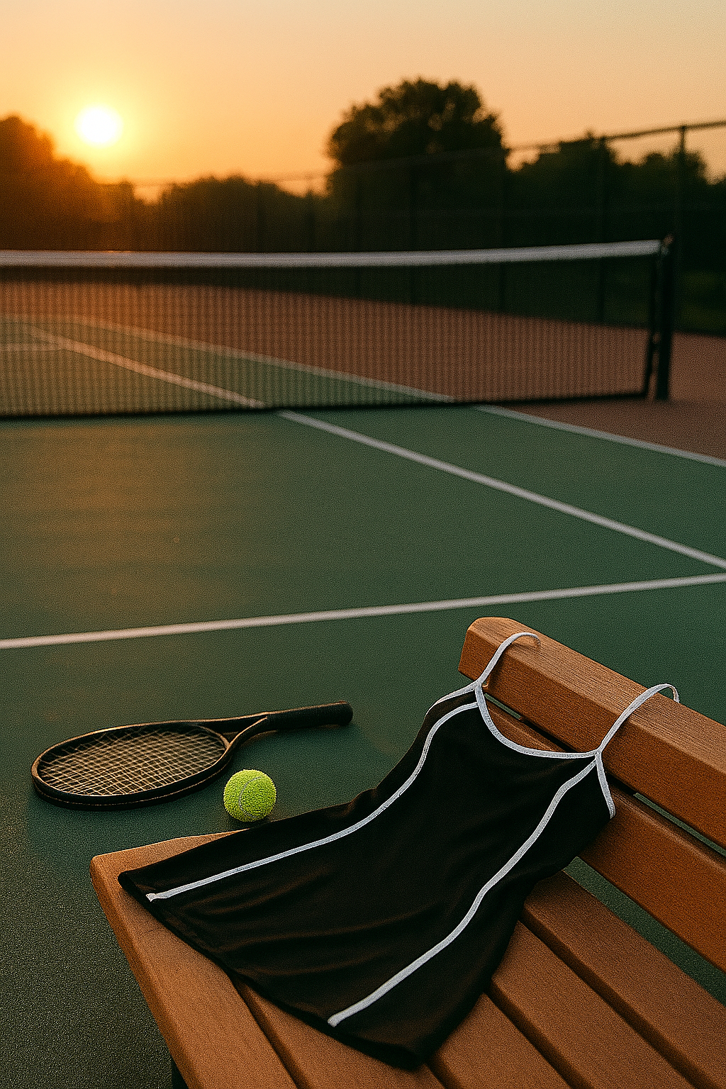 Minimalist tennis dress folded on a bench at sunset on an empty tennis court