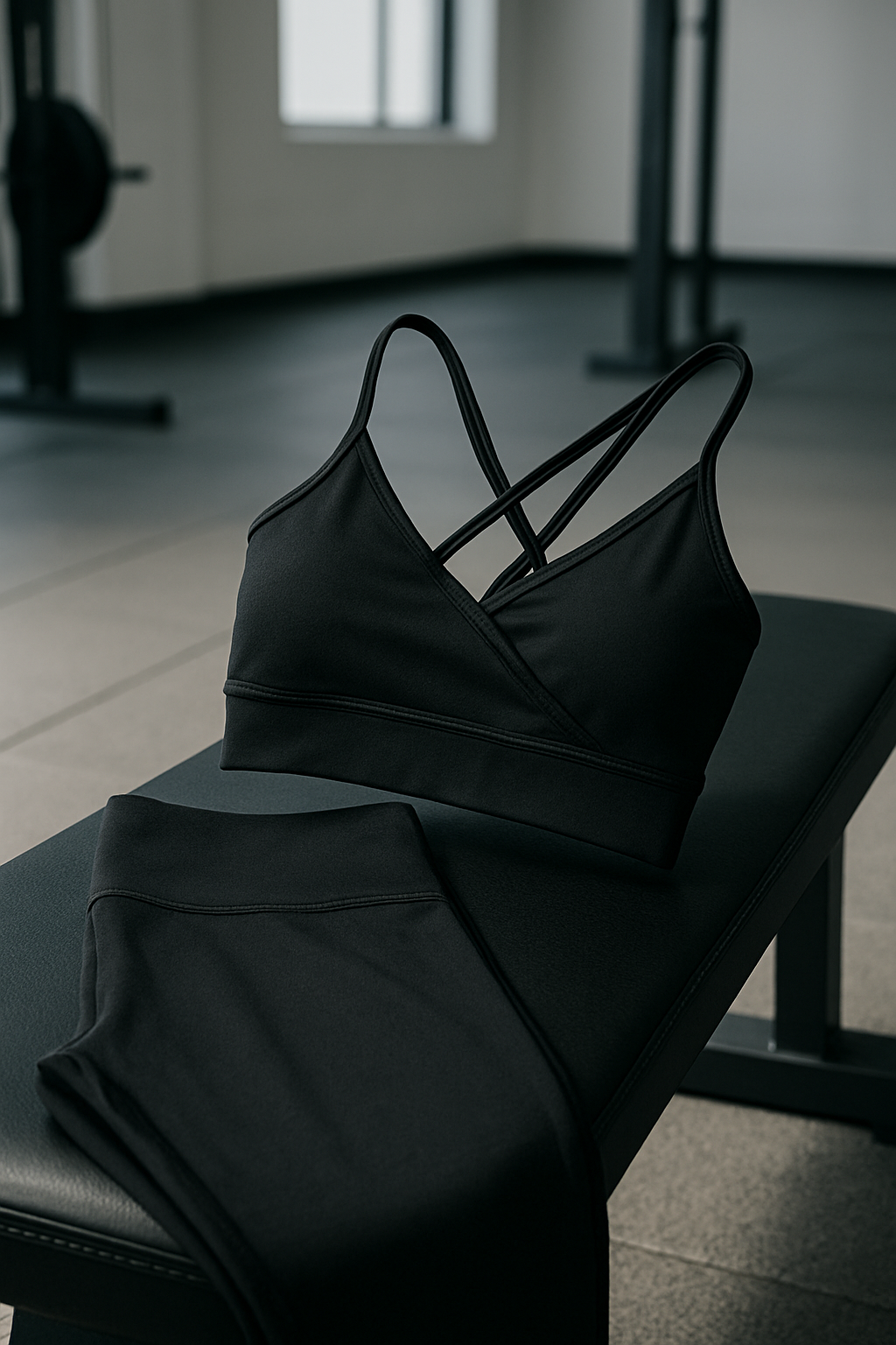 Black seamless sports bra and leggings set on gym bench