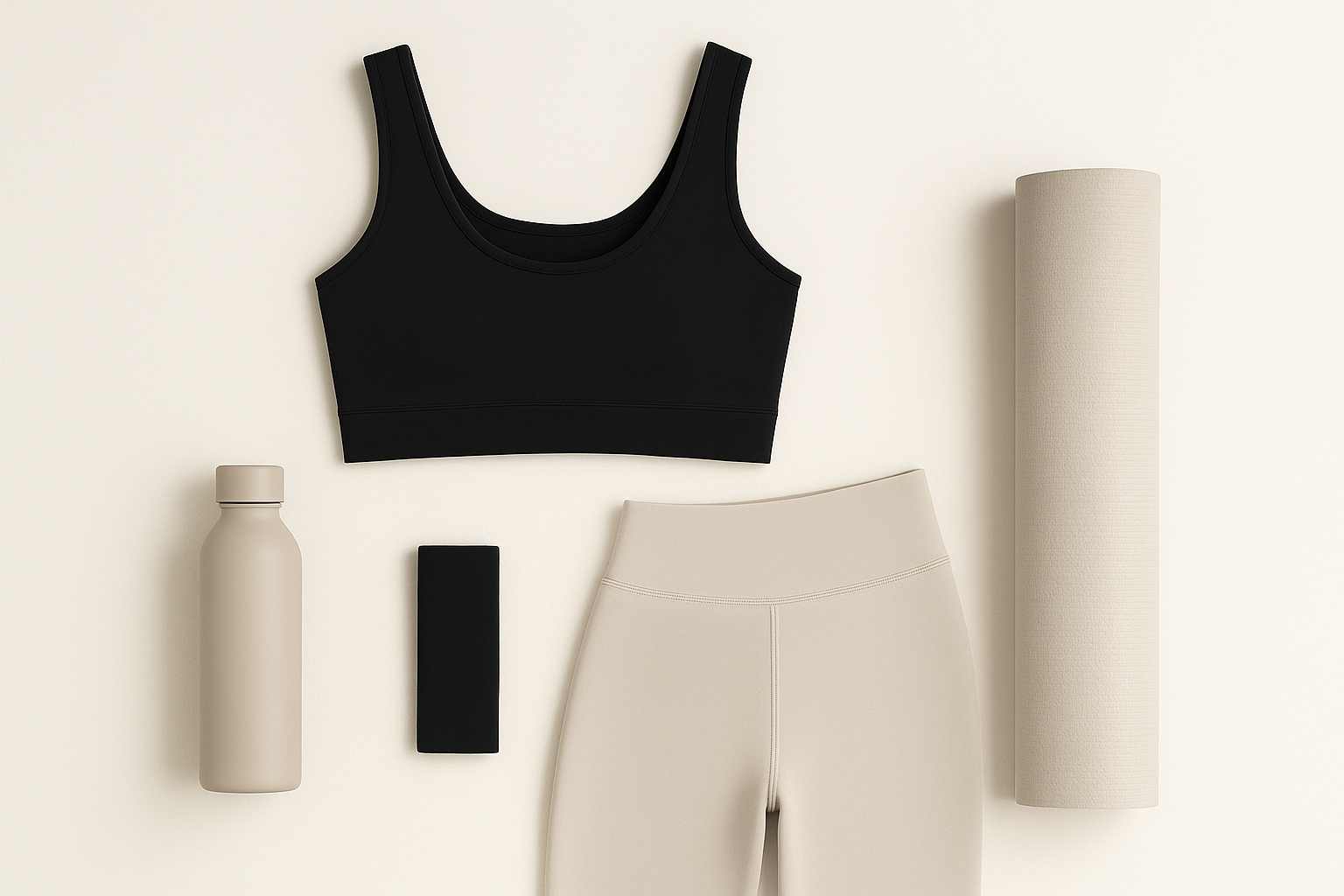 Flat lay of black seamless sports bra, beige leggings, and neutral workout accessories