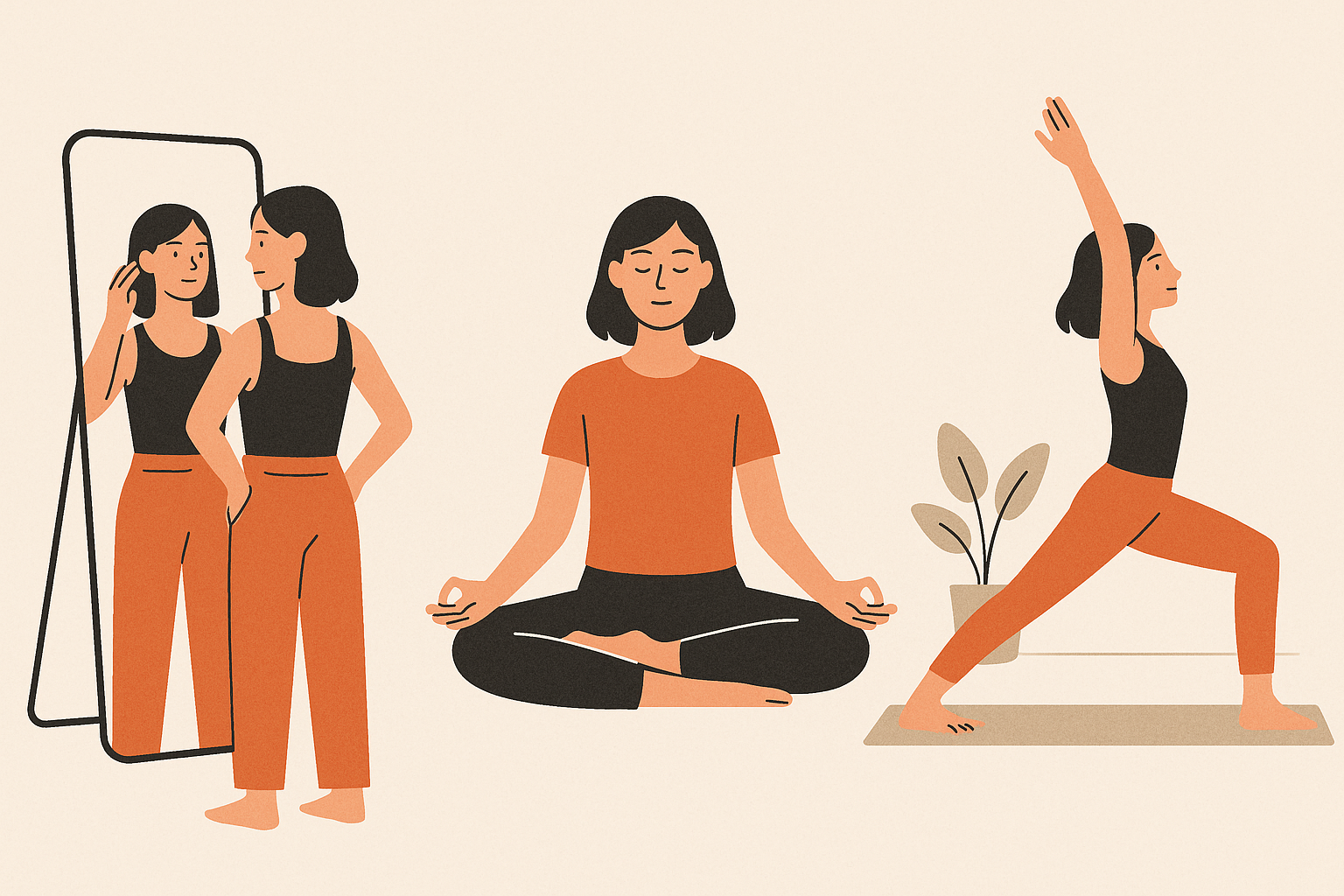 Flat-style illustration of woman dressing, meditating, and doing yoga in minimalist