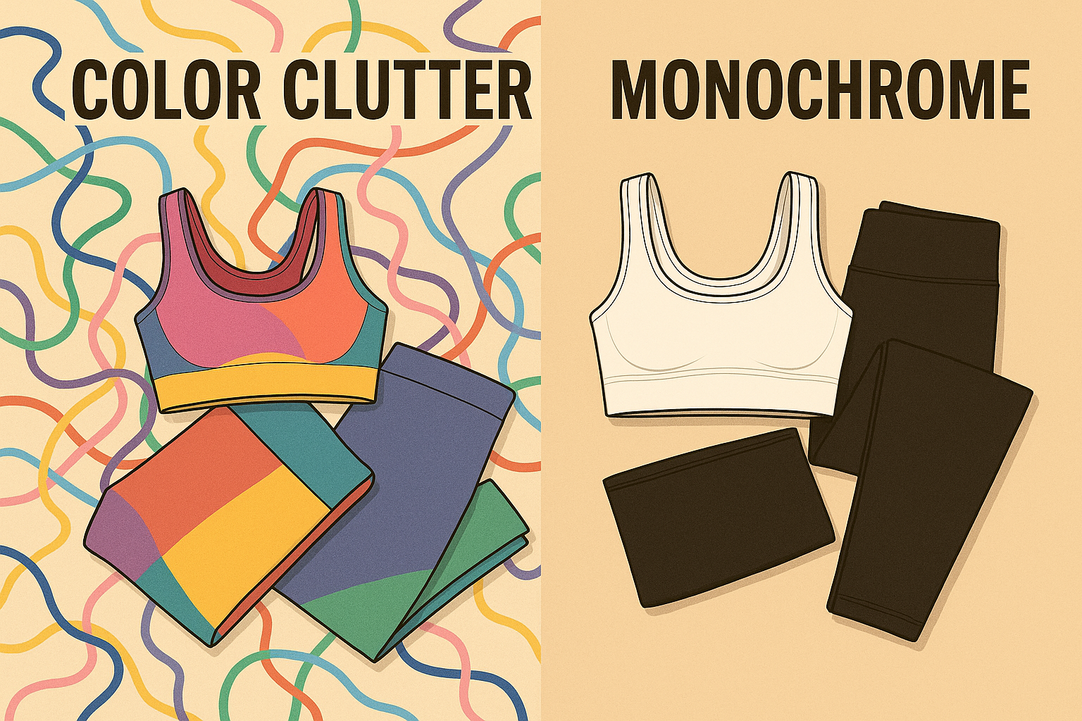 Colorful vs. monochrome gymwear flat lay comparison