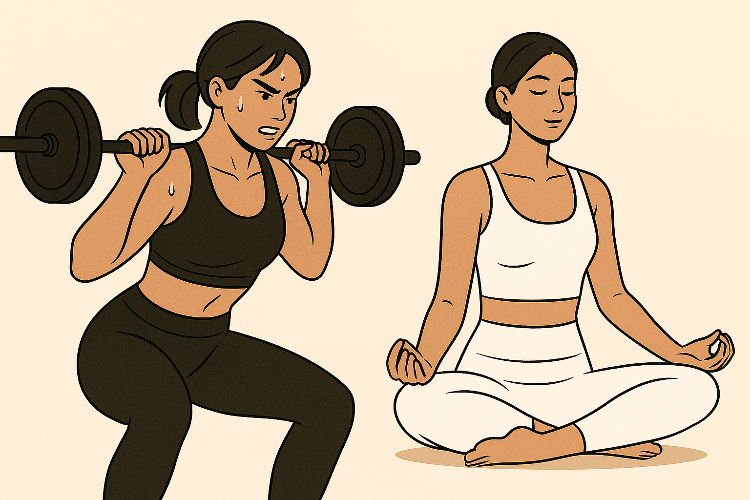 Black and white activewear illustration – lifting vs. meditating