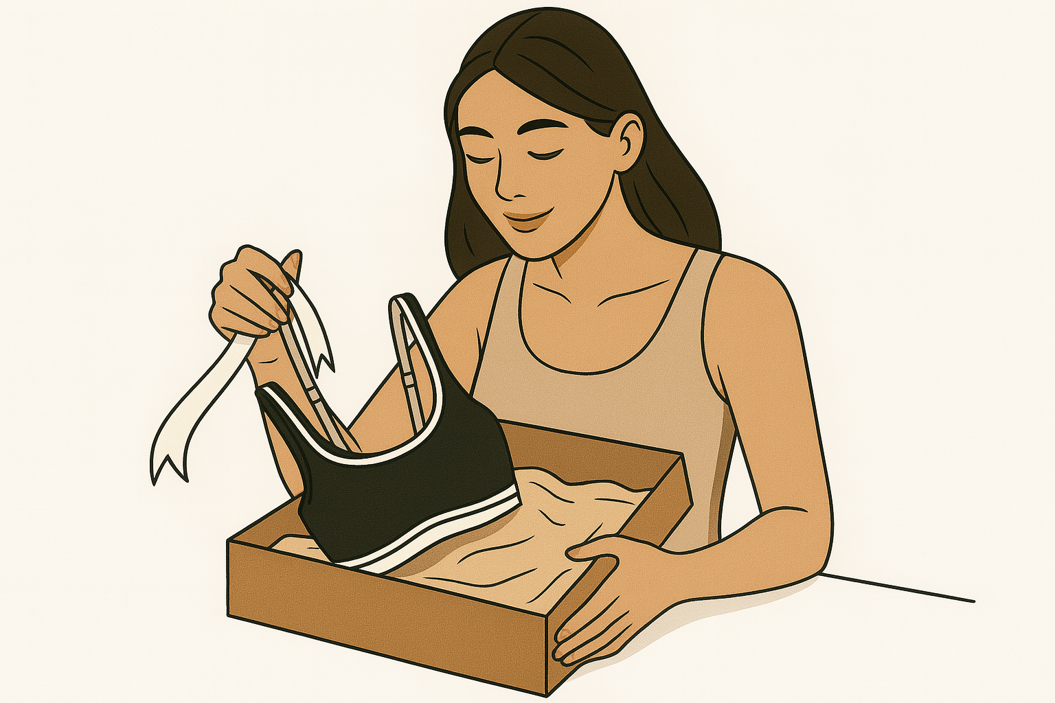Woman opening a gift box with a black and white sports bra inside.
