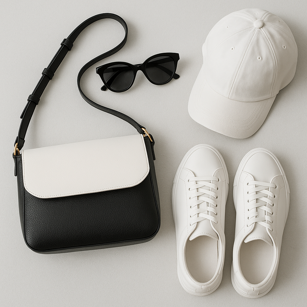  Flat lay of monochrome travel accessories including bag, sunglasses, cap, and sneakers