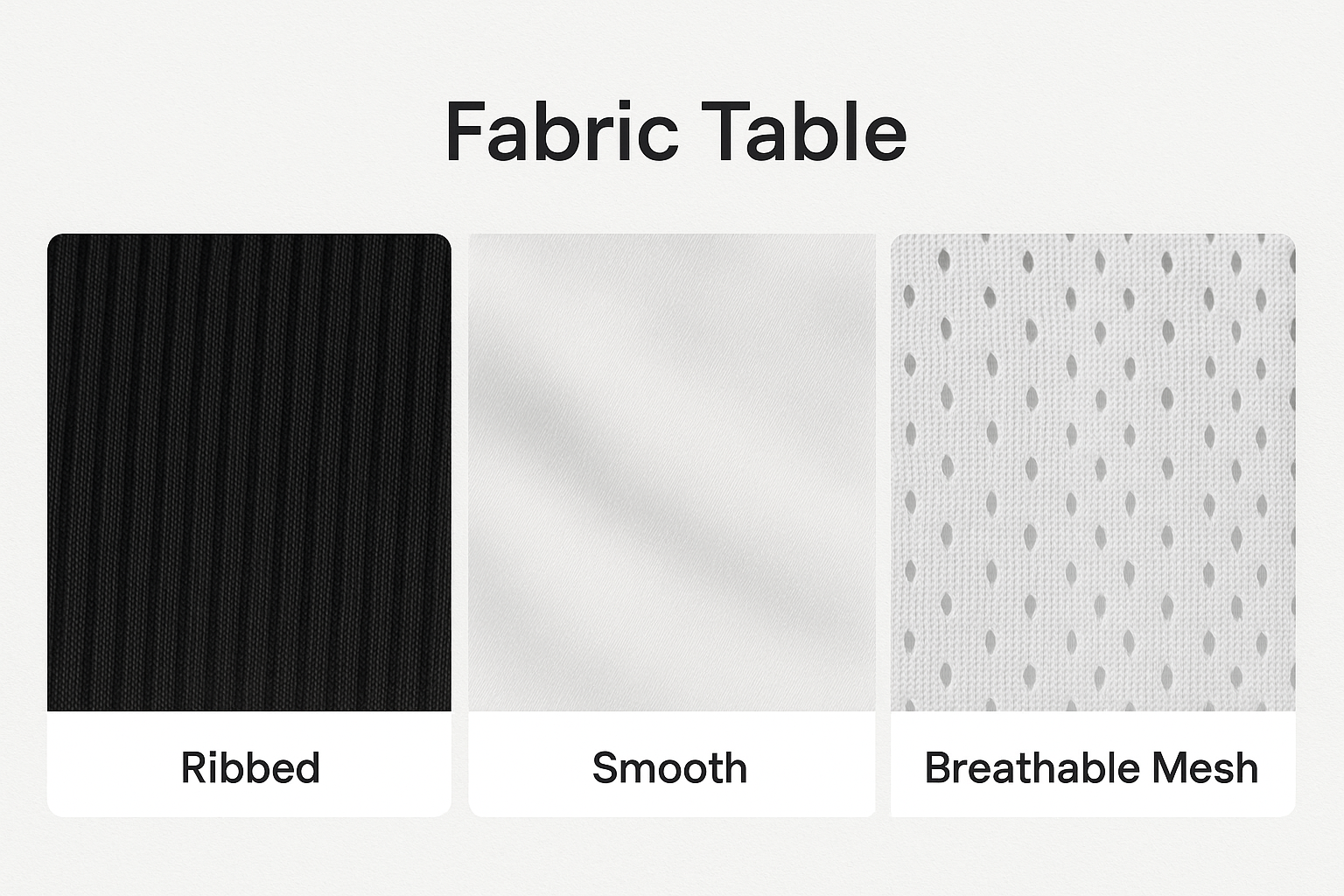 Comparison of ribbed, smooth, and breathable mesh fabric textures