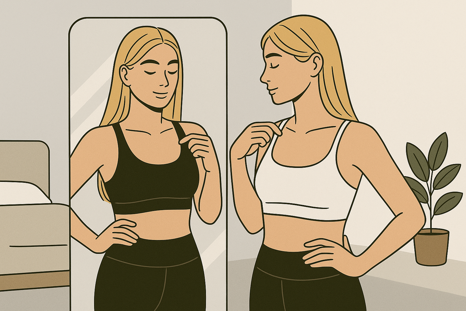 Woman trying on black and white sports bras in front of a mirror
