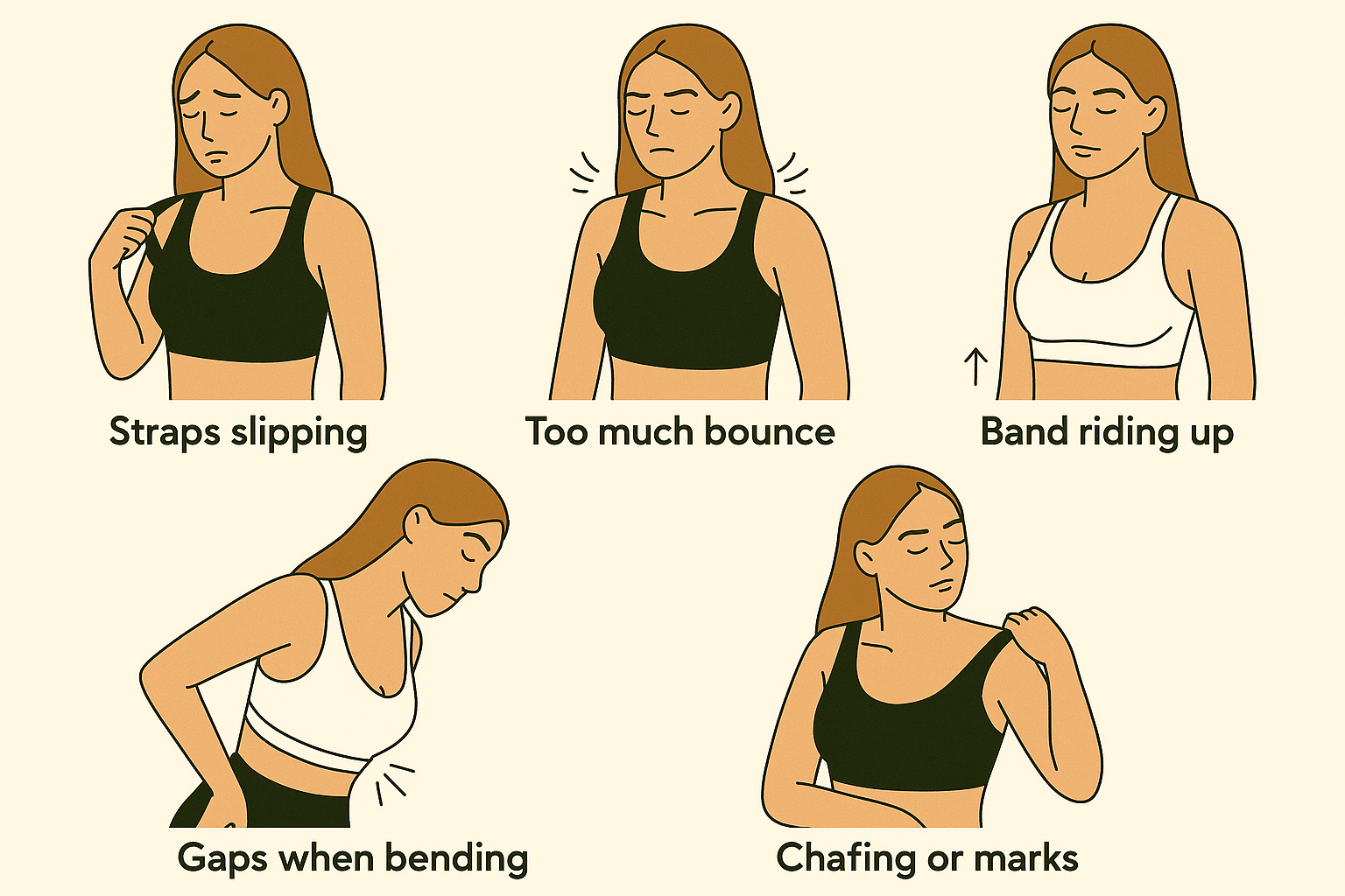 Common sports bra fit issues like slipping straps and poor support