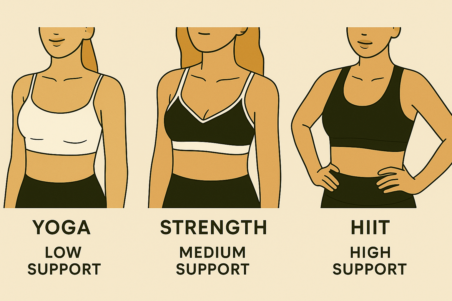 Support levels of monochrome sports bras for different workouts