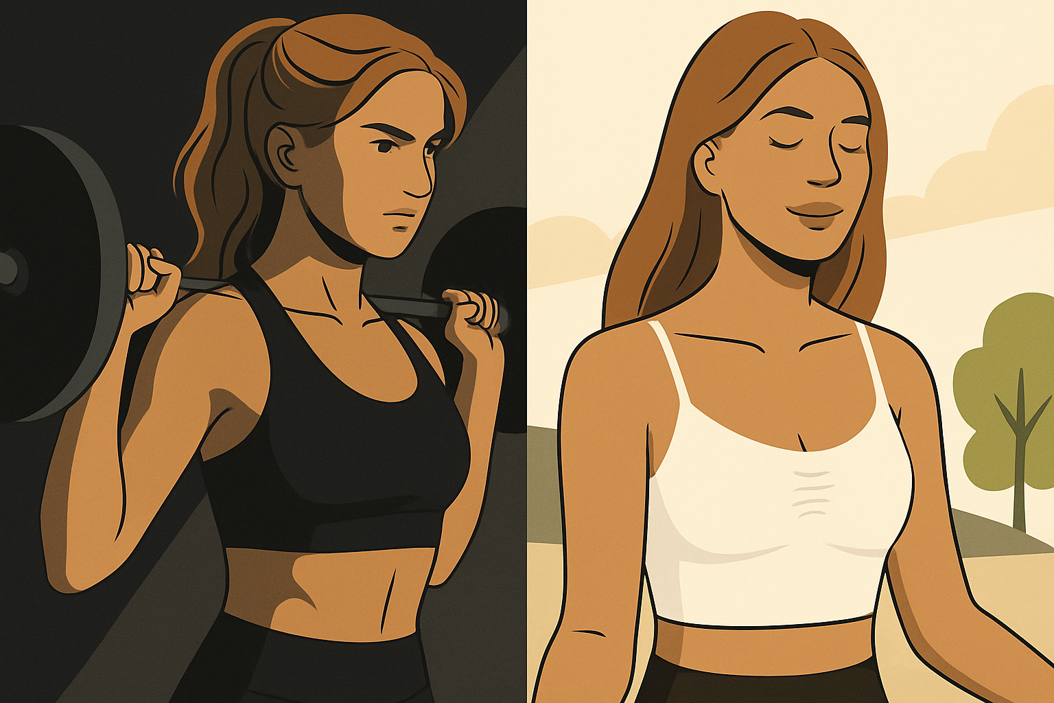 Black sports bra for strength and white bra for calm workouts
