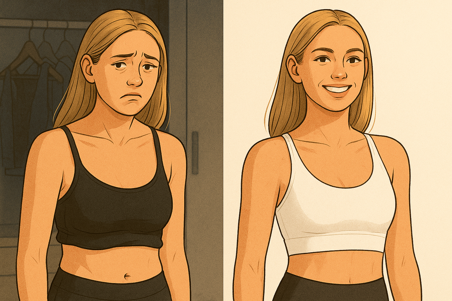 Visual comparison of worn-out black sports bra and fresh white workout bra