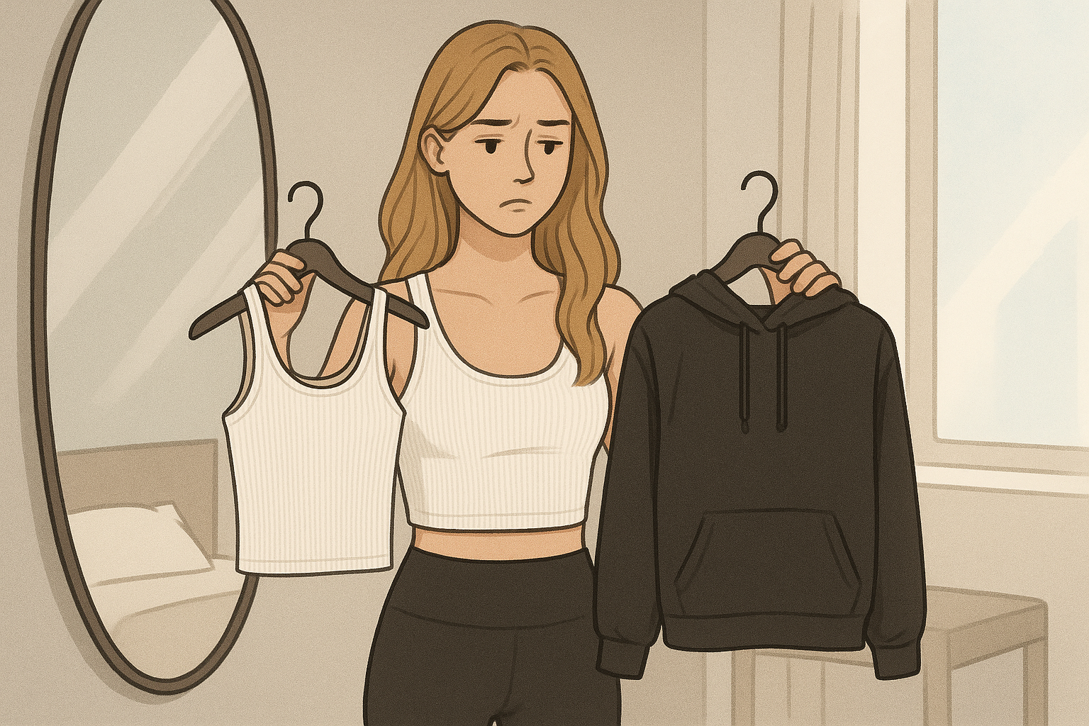 Illustration of woman choosing between white tank top and black hoodie for activewear