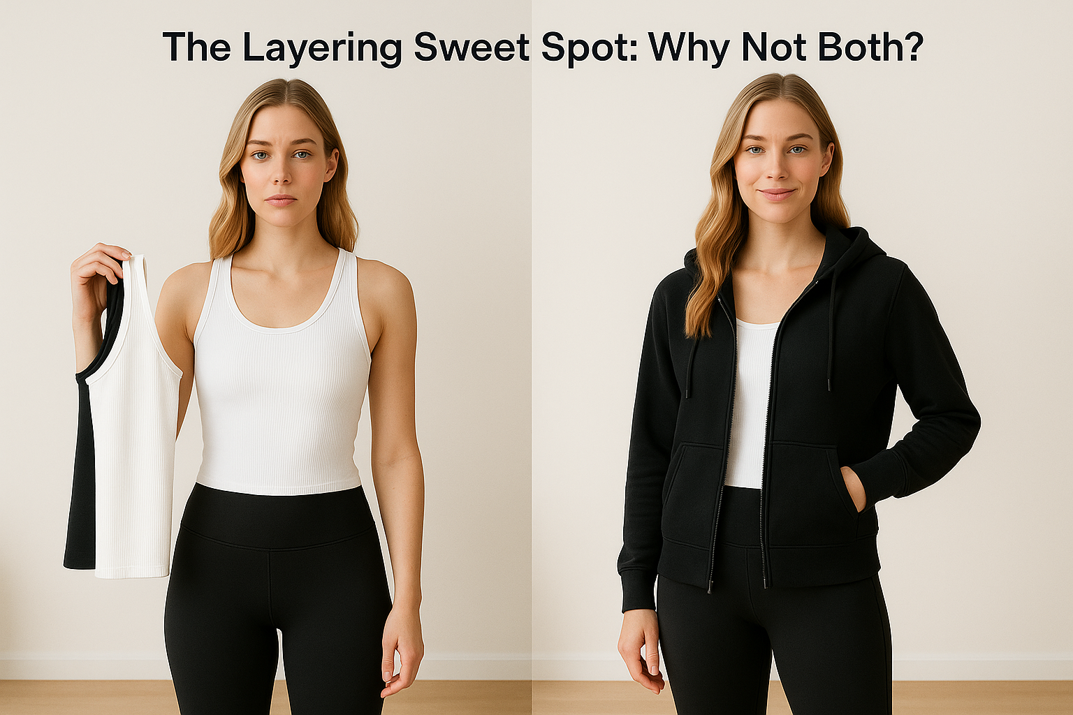 Side-by-side view of woman layering white tank and black hoodie