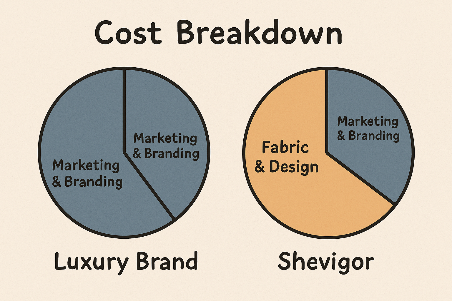 Cost breakdown chart comparing luxury brand and Shevigor