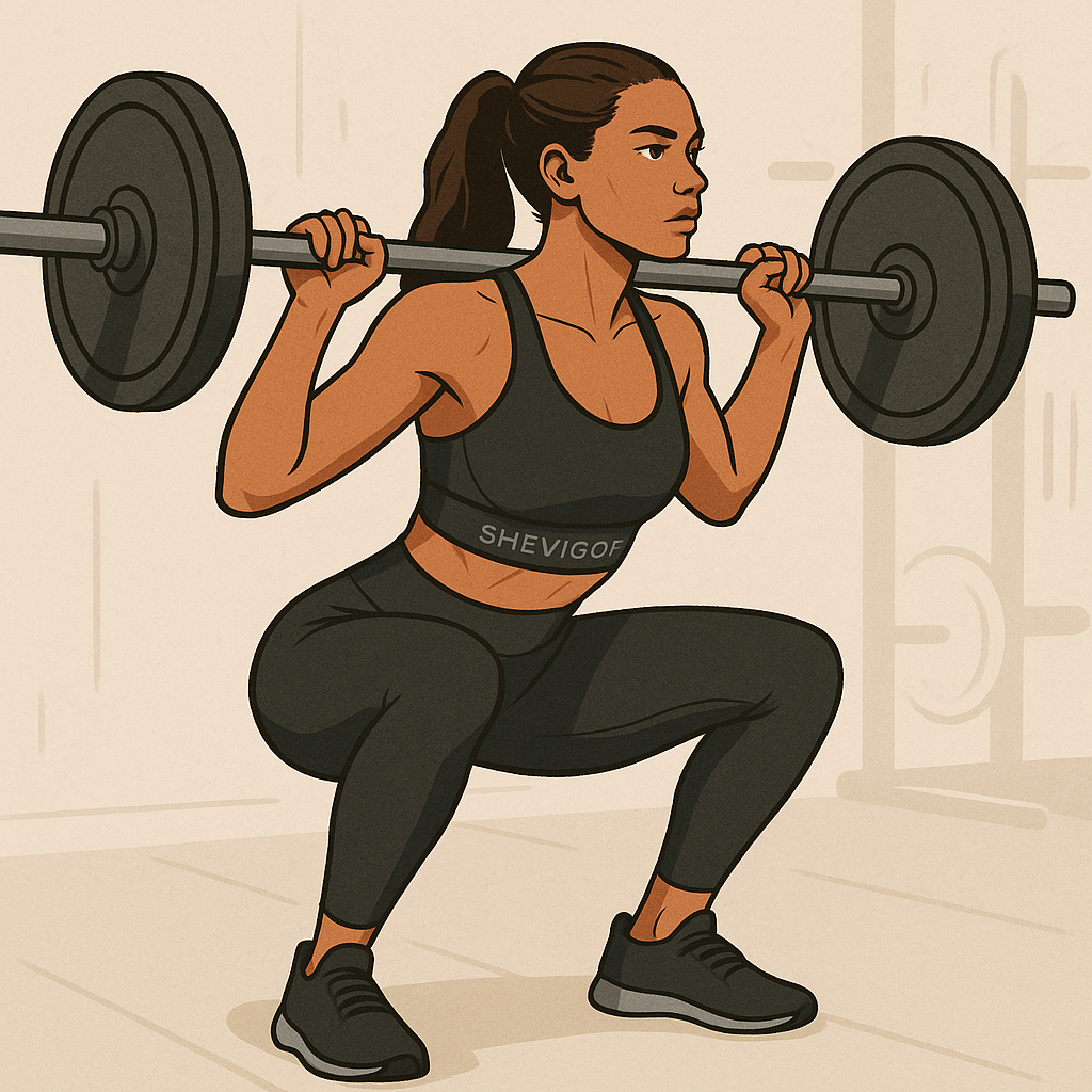 Woman in black activewear performing barbell squat at gym