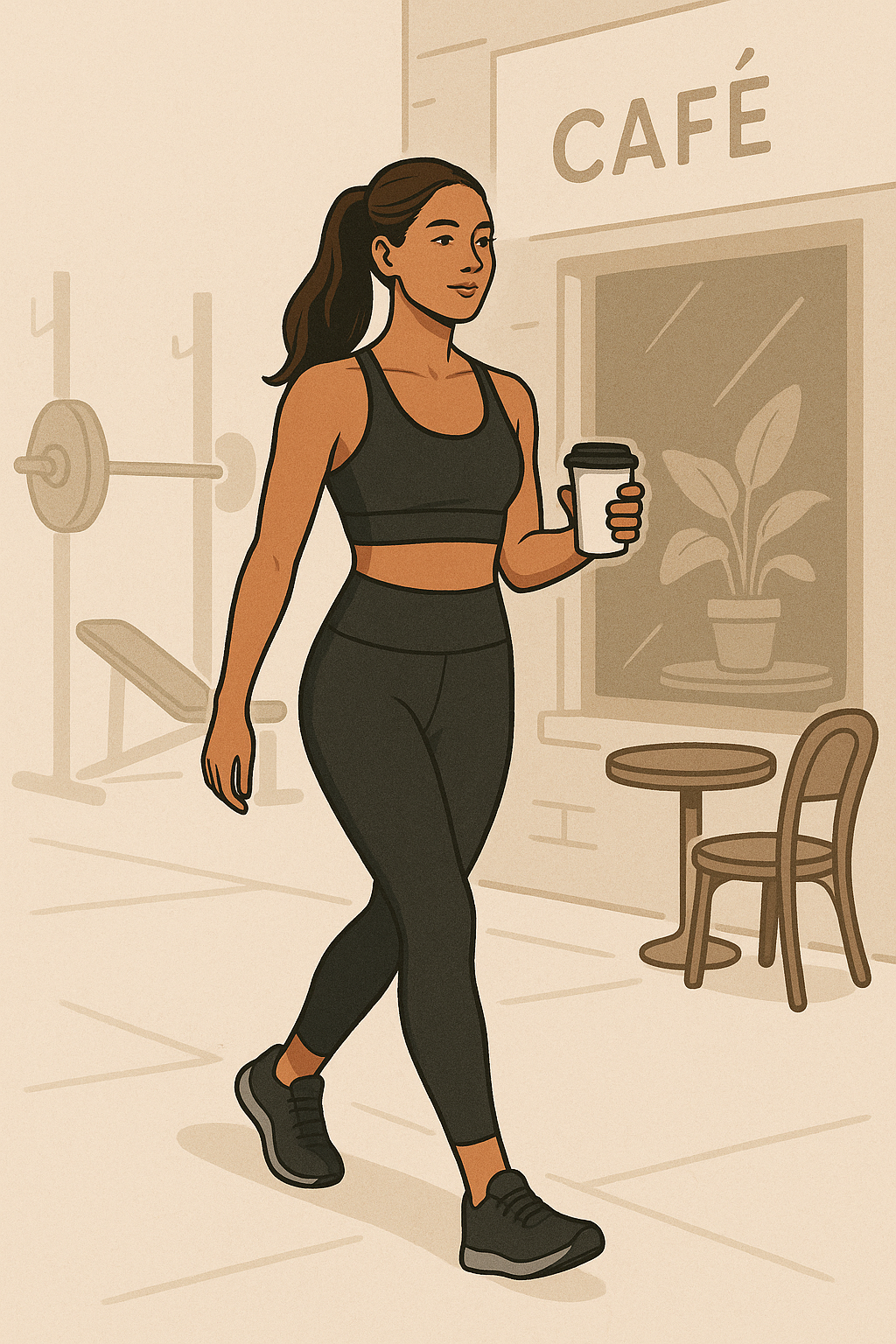Woman in black activewear walking from gym to café holding coffee