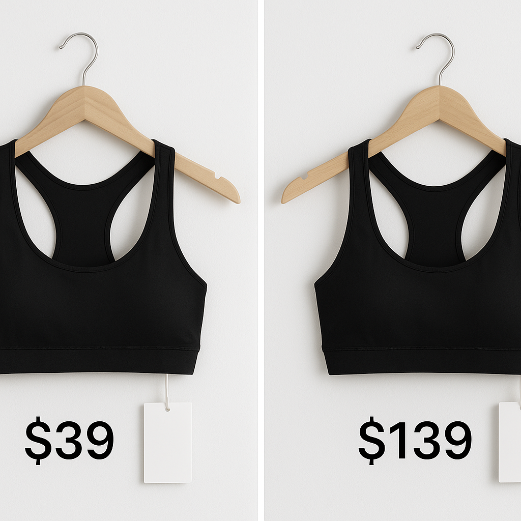 Side-by-side black sports bras with $39 and $139 price tags
