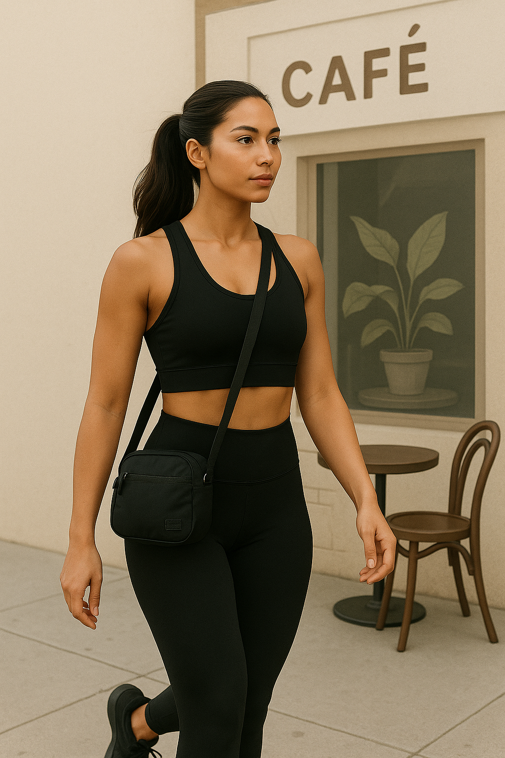 Black activewear set with small nylon crossbody bag at coffee shop entrance