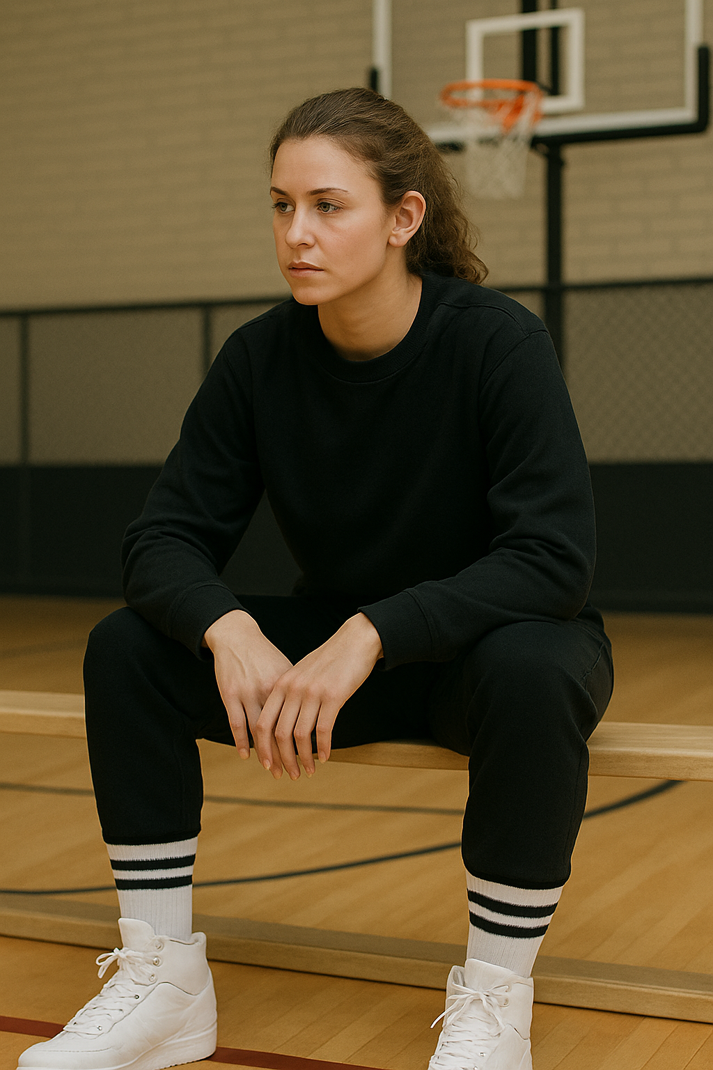 Black and white activewear with striped mid-calf socks and high-top sneakers by basketball court