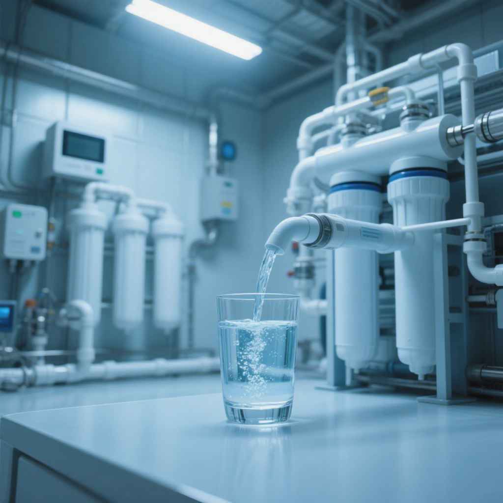Modern water purification system with clear water flowing into a glass