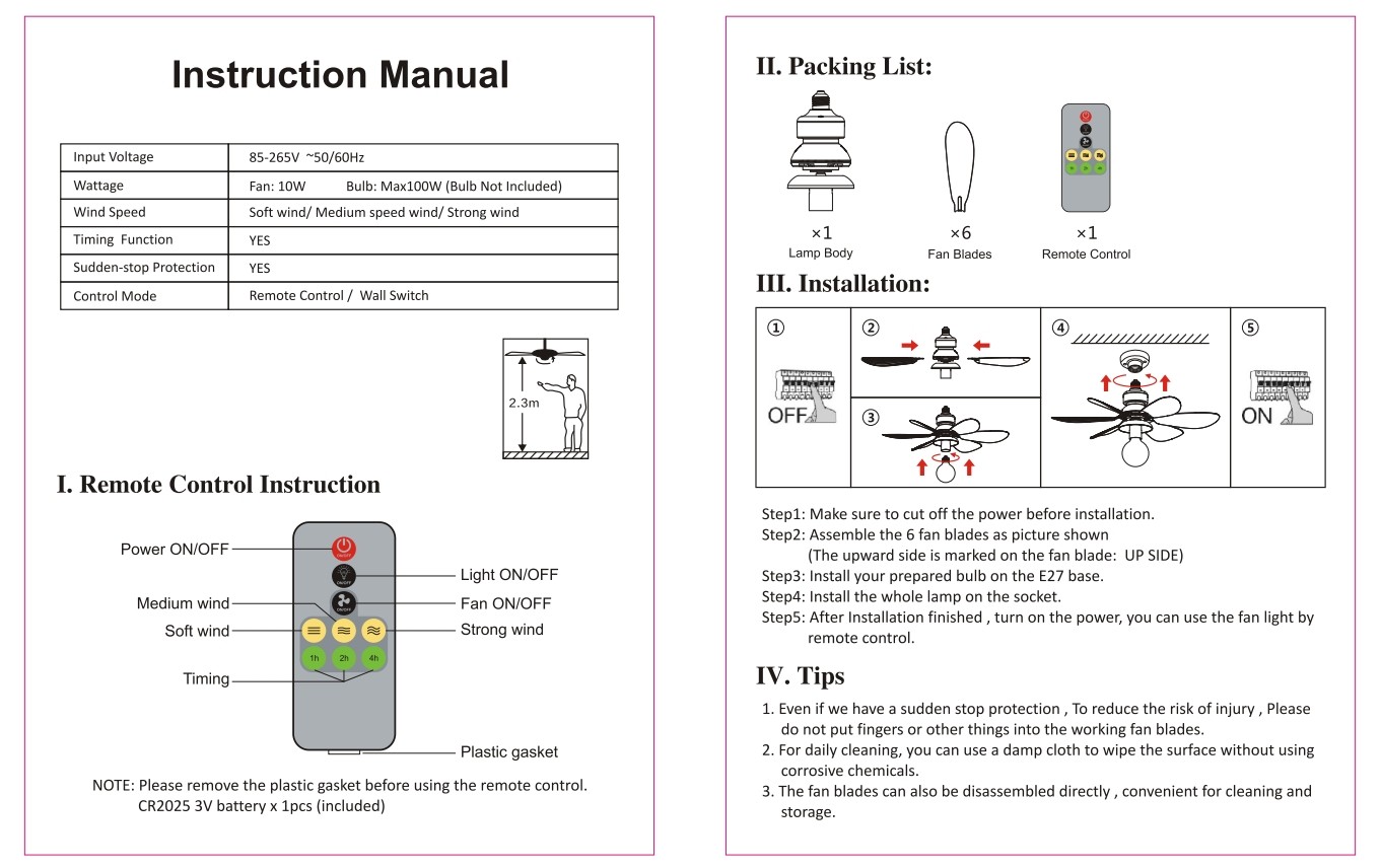 Instruction manual for flower fan light 