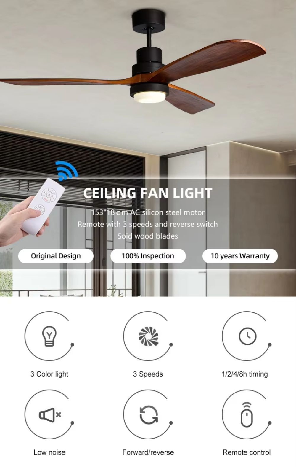 MX-8050 Dimming Remote Control Wooden Ceiling Fan with Light for Kitchen Bedroom Living Room 