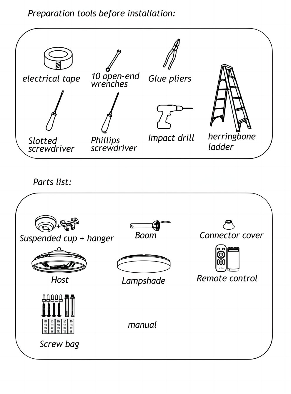 parts list of ceiling fan light 