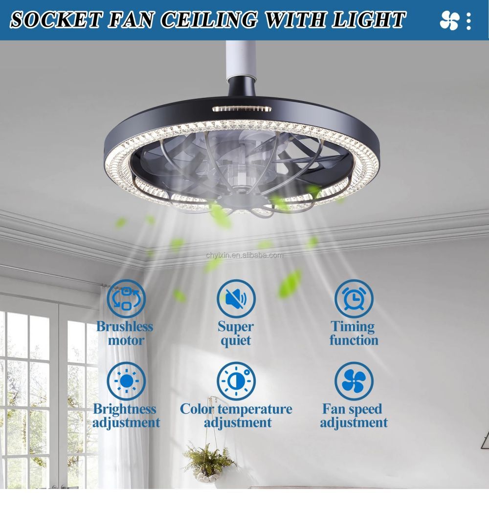 MX-AQ019 Dimming Smart E27 Socket 360 Rotating Home Decor Modern LED Ceiling Fan with Lights 