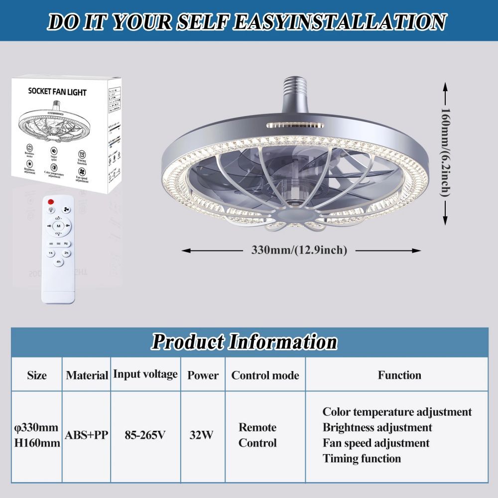 MX-AQ019 Dimming Smart E27 Socket 360 Rotating Home Decor Modern LED Ceiling Fan with Lights 