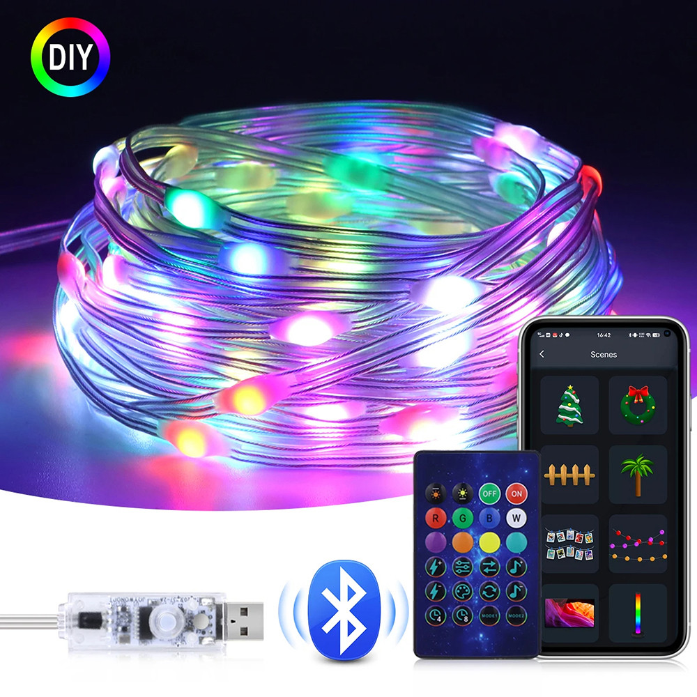 USB 5V Bluetooth Music APP Addressable Fairy Lights Party Garland Christmas Decoration RGBIC LED String Light