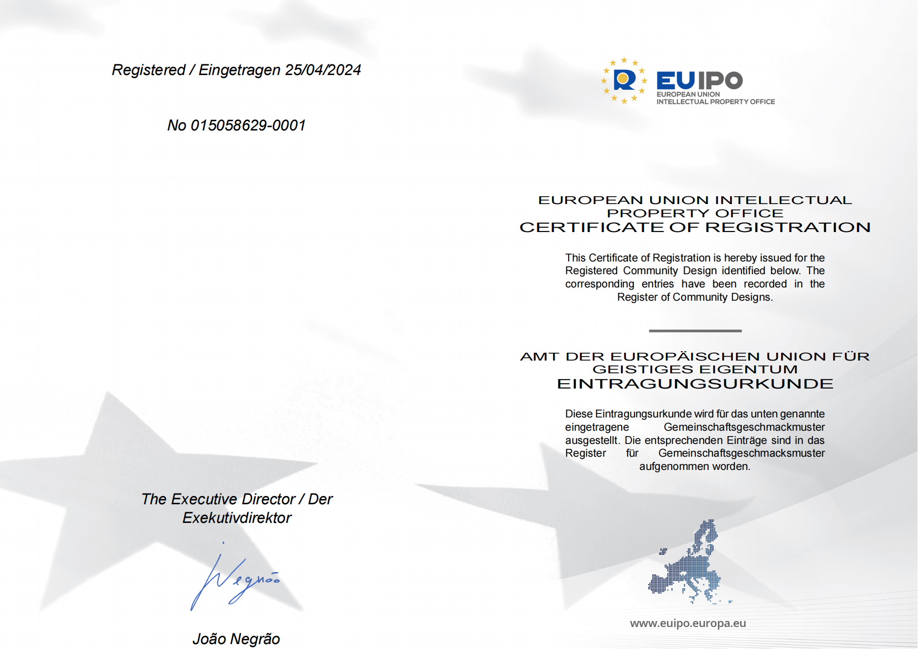 CERTIFICADO DE REGISTRO DE LA OFICINA DE PROPIEDAD INTELECTUAL DE LA UNIÓN EUROPEA