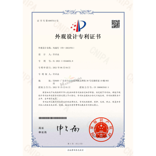 Product appearance patent certificate for ceiling fan light