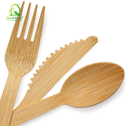 QL 17cm Bamboo Cutlery Set Wholesale | Eco-friendly Disposable Bamboo Spoon Fork Knife Kit 4 in 1