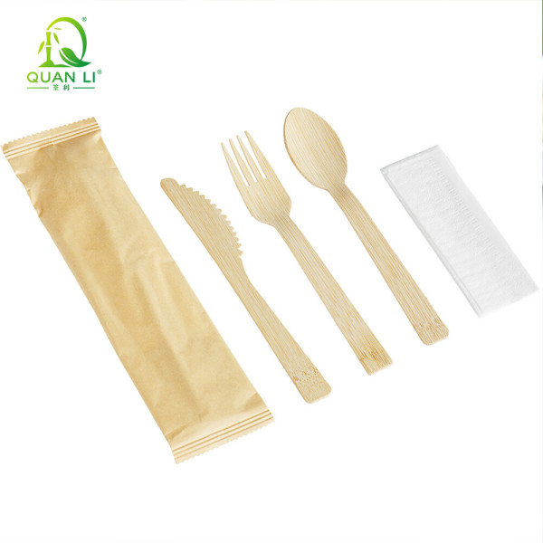 QL 14cm Bamboo Cutlery Set Wholesale | Eco-friendly Disposable Bamboo Spoon Fork Knife Cutlery Kit 4 in 1